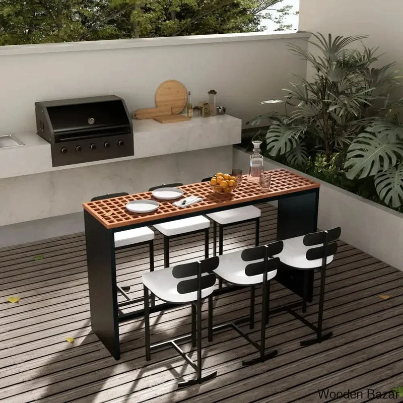 Devona 6-Seater Teak Patio Bar Dining Set with Rectangle Table -