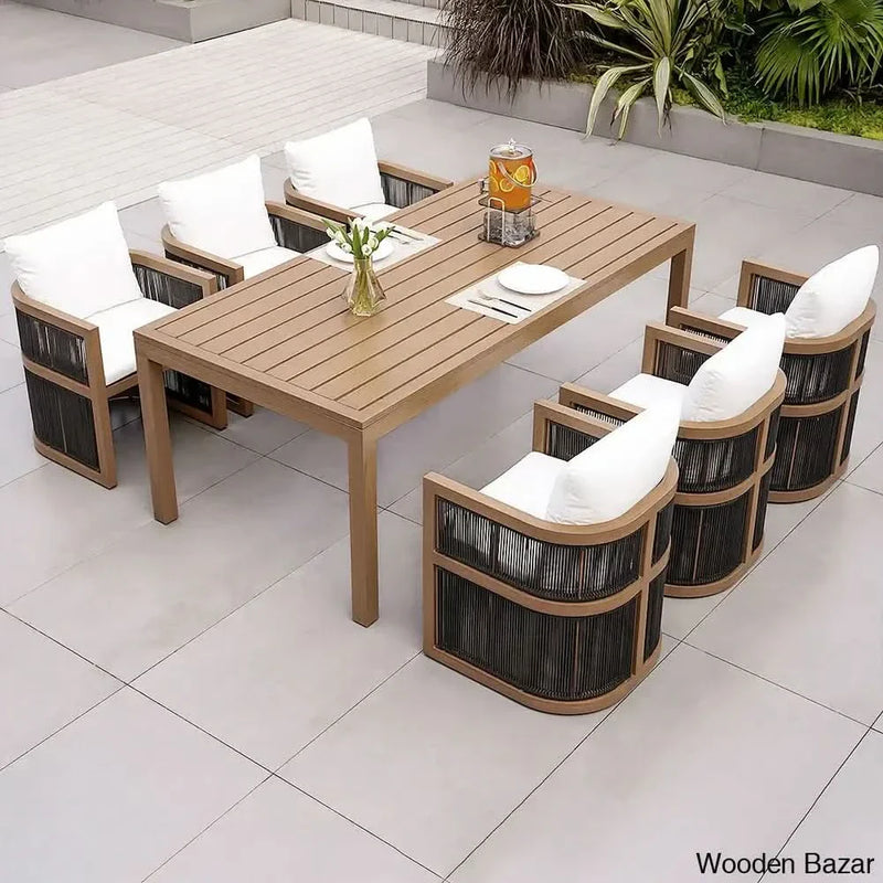 Duff 6 seater Outdoor Dining Set For 6 with Rectangle Table & Rope Woven Armchair in Natural