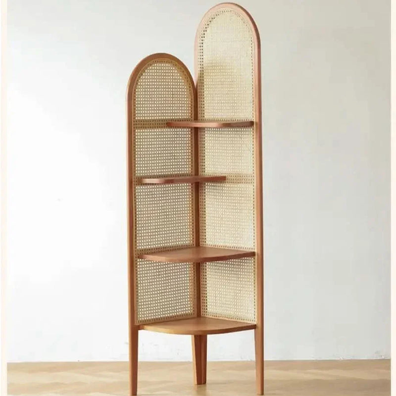 Ele Modern Rattan Corner Cabinet with Wooden Shelves Simple Triangle Storage & Bookshelf for Compact Home Décor