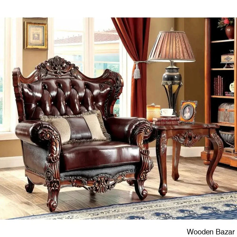 Exquisite Hand-Carved Wooden Chesterfield Sofa in Premium Leather