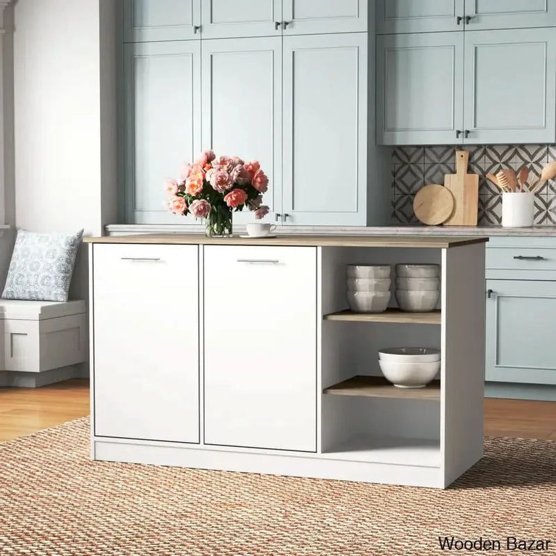Ginger 59-inch Wide Kitchen Island with 3 Open Shelves and 2 Cabinets, White / Dark Brown Kitchen trolley cart cabinet kitchen island with storage