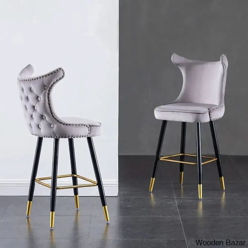 Gray Counter Height Bar Stool Velvet Upholstery with Tufted Back (Set of 2)