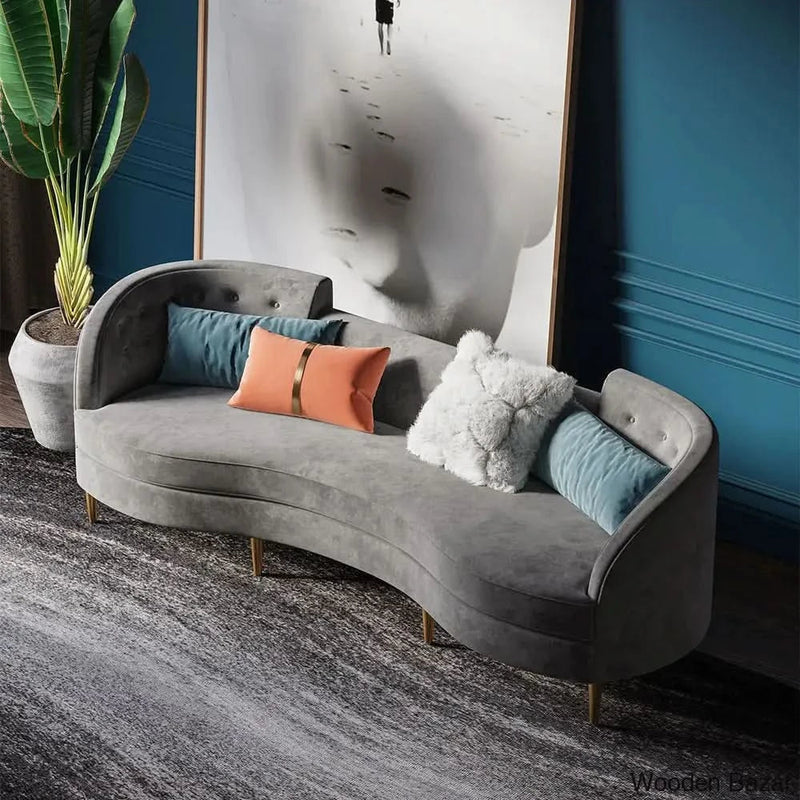 Gray Velvet 4-Seater Sofa with Gold Legs & Solid Wood Frame