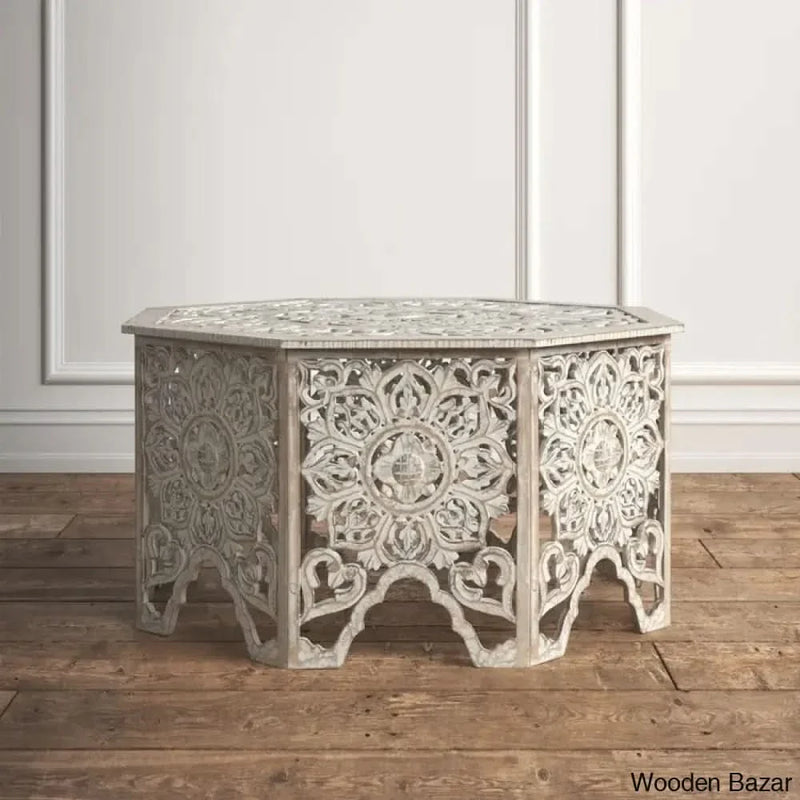 Guillermo Wooden Handmade Intricately Carved Floral Living Room Coffee Table with Hollow Interior and Center Table