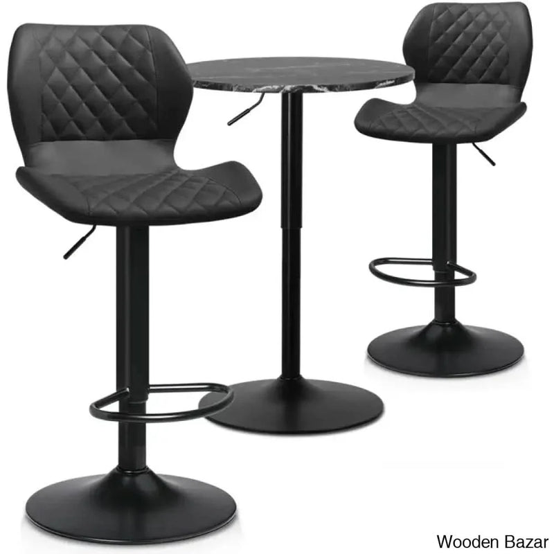 Height-Adjustable 3-Piece Pub Table Set | Leathered Pedestal Bar Stools Dining Set