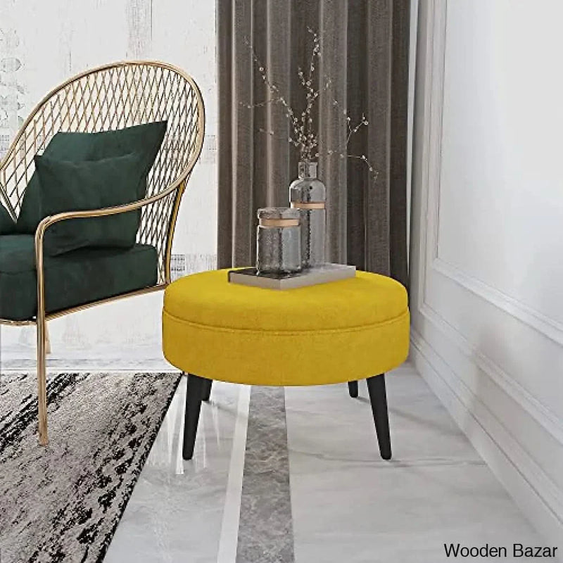 Round Velvet Footrest Stool, Upholstered Ottoman Coffee Table, Button Tufted Padded Foot Stools with Solid Wood Legs, Glassy Yellow
