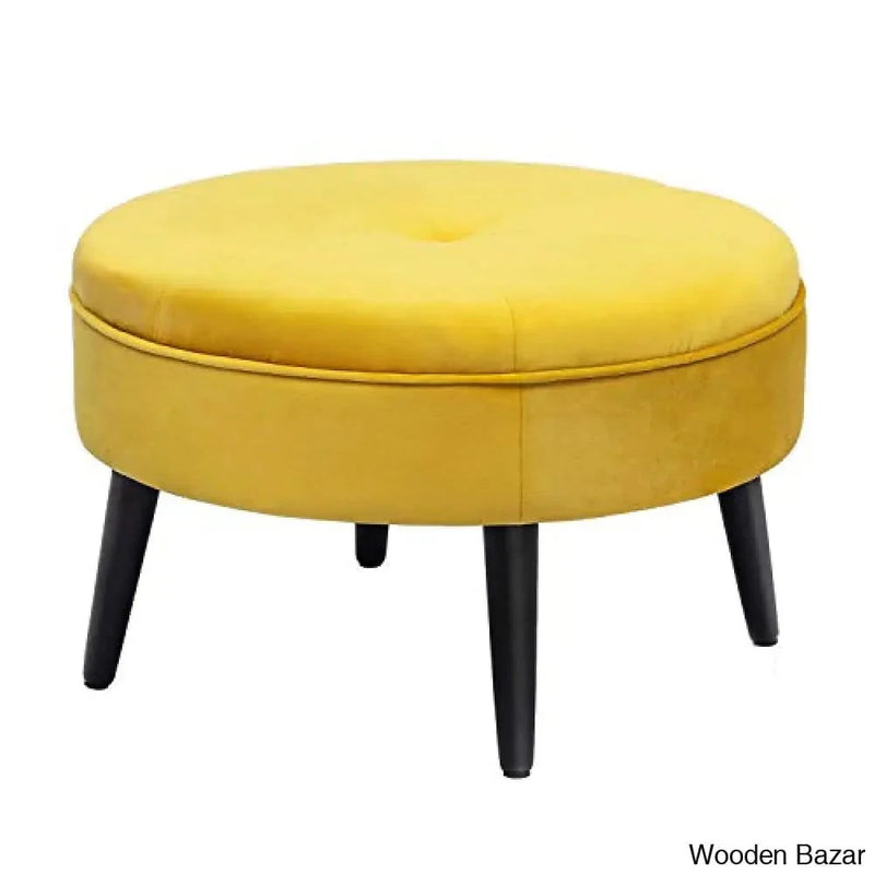 Round Velvet Footrest Stool, Upholstered Ottoman Coffee Table, Button Tufted Padded Foot Stools with Solid Wood Legs, Glassy Yellow