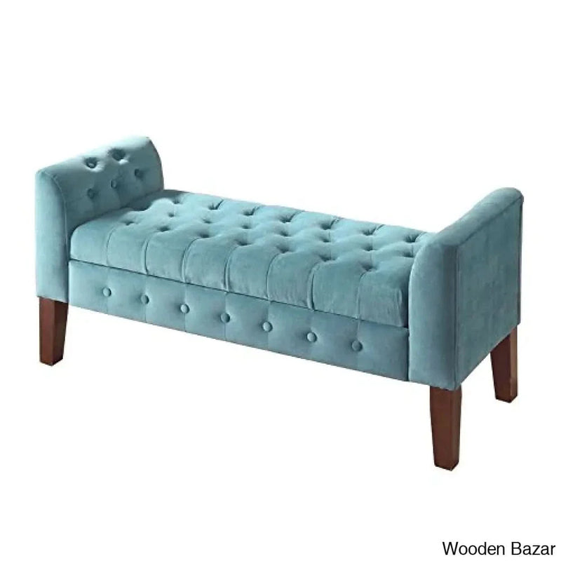 HomePop by Kinfine Fabric Velvet Tufted Storage Bench Settee - With Wood Legs, Teal