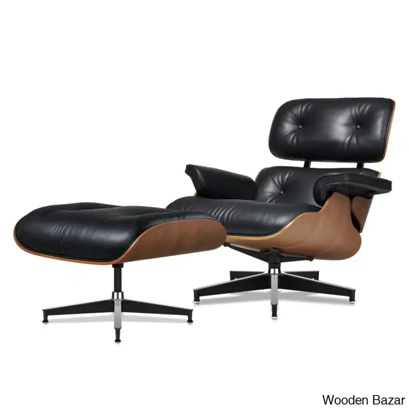 Iene Eames Iene Tufted 100% Full Grain Genuine Leather Swivel Lounge Chair and Ottoman