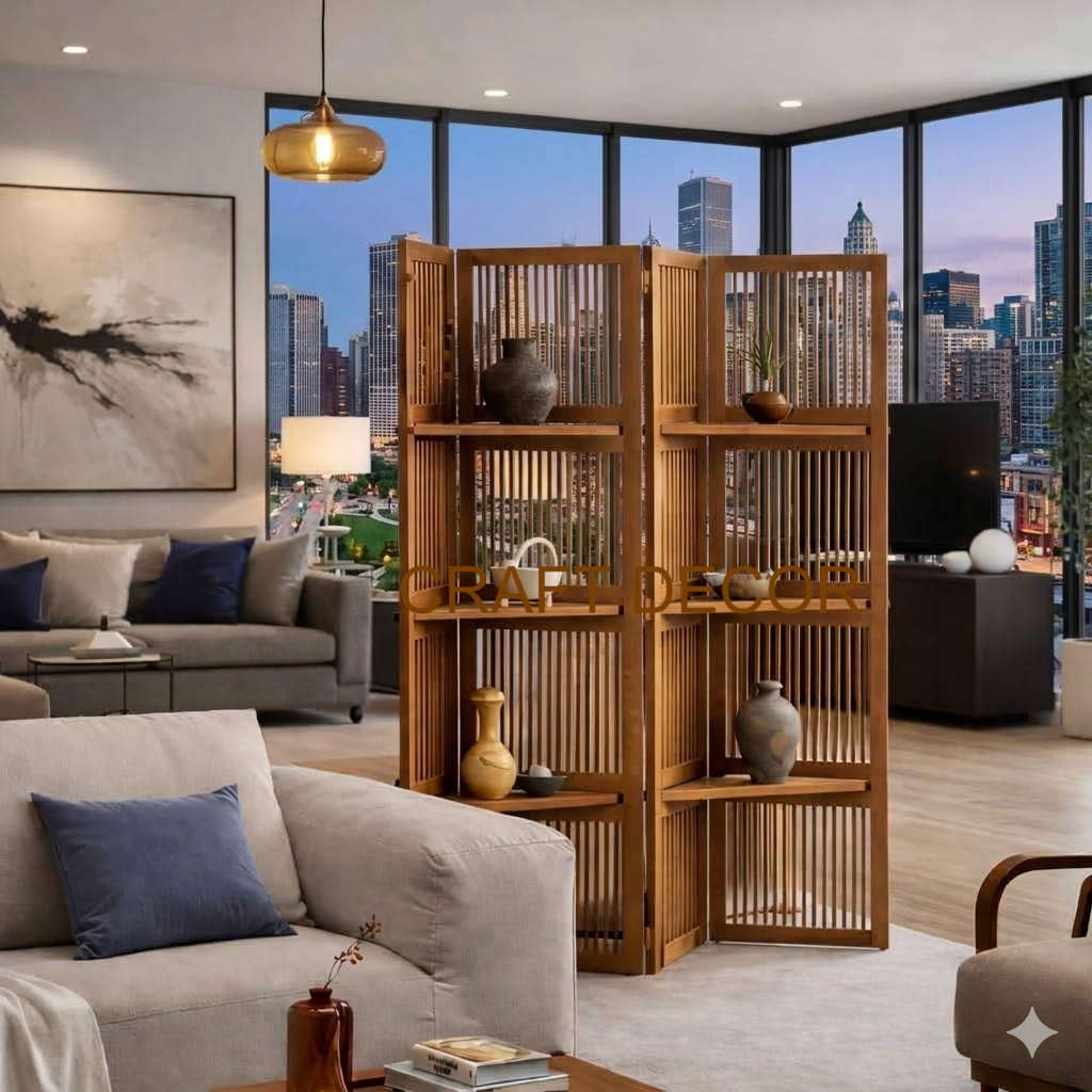 Wooden Partition Divider with Shelves for Living Room
