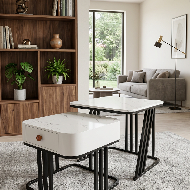 CRAFT DECOR Modest Marbled Finish Square Coffee Table Set of 2 Nesting Stacking Tea Tables Luxury Sofa Center Table with Wooden Drawer and Gold Metal Frame for Living Room Bedroom