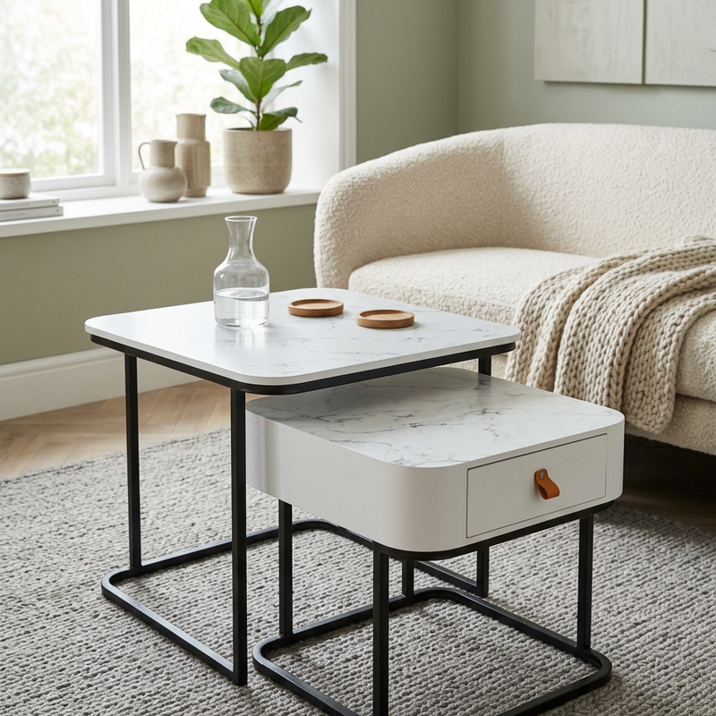 CRAFT DECOR Metal Frame 20X20 Square Set of 2 Coffee Tables, Stacking Center Tables with Minimalist Marbles Look and Storage Drawer for Living Room / Offices / Restaurant