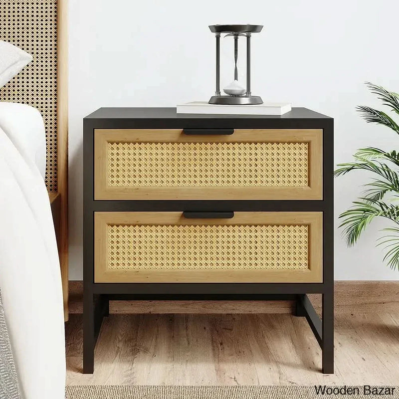 Industrial Wood Bedside table Nightstand Rattan Woven Nightstand with 2 Drawers Storage for Bedroom