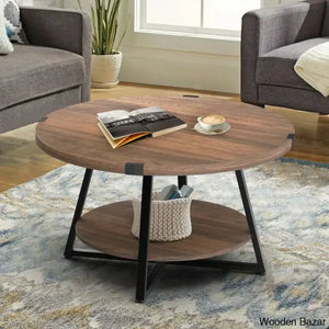 Jahaira Round Coffee Table With 2-Tier Storage Shelves And Center Dark Walnut
