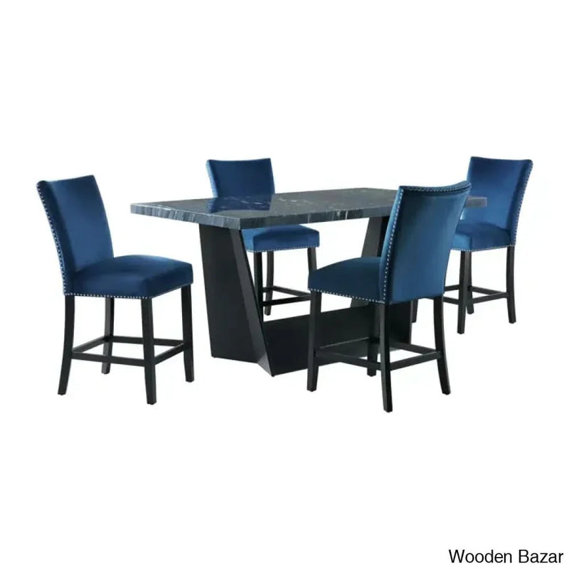 James 4 Seater Trestle dining Set Marble Top Set of 5 )