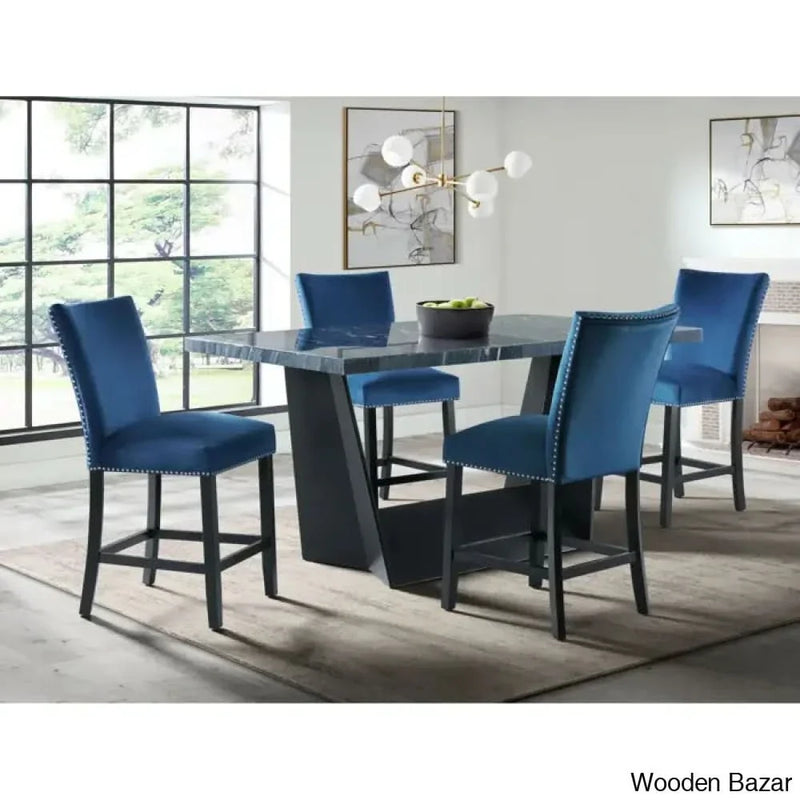 James 4 Seater Trestle dining Set Marble Top Set of 5 )
