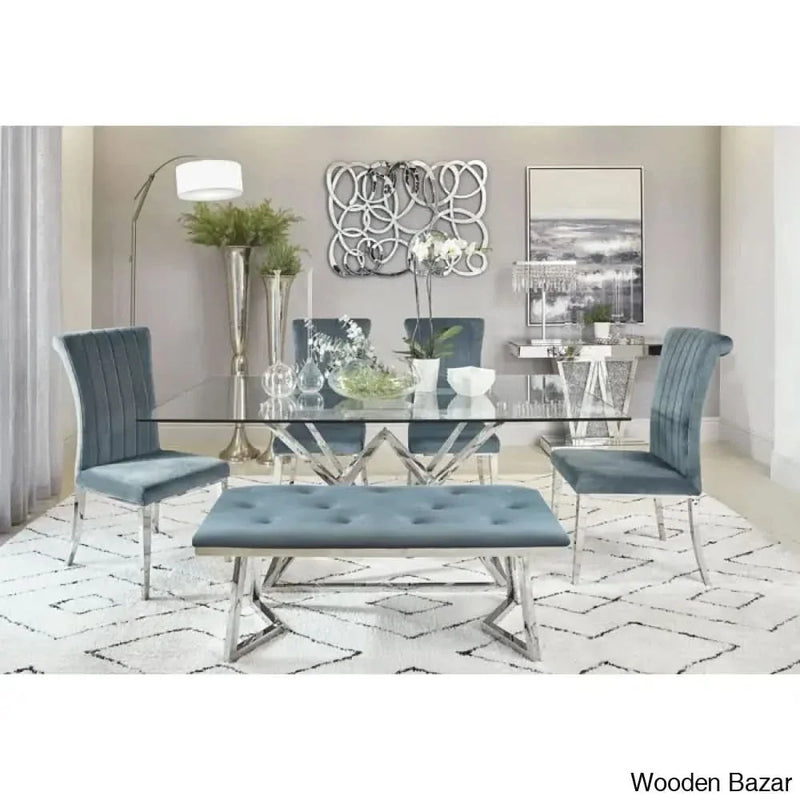 JIMMY New 6 Seater Pedestal Dining Set Glass Top with Bench