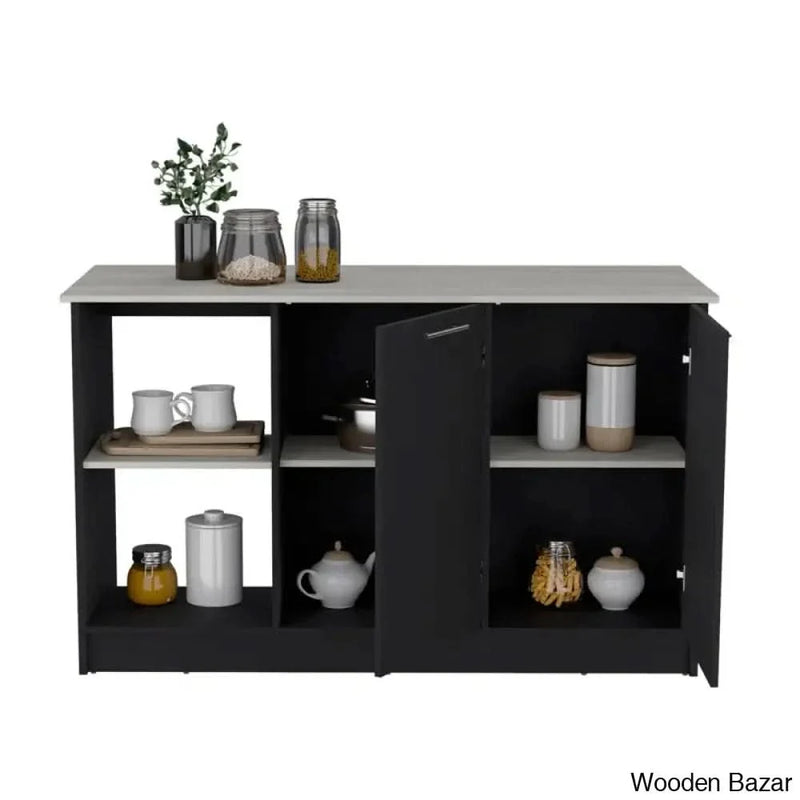 Juniper 59-inch Wide Kitchen Island with 2 Open Shelves and 2 Cabinets Kitchen trolley cart cabinet kitchen island with storage
