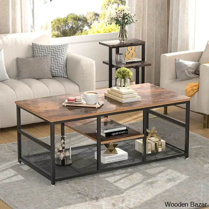 Kempsto Industrial Coffee and center Table with Storage Shelf Cocktail Table Accent Furniture for Living Room