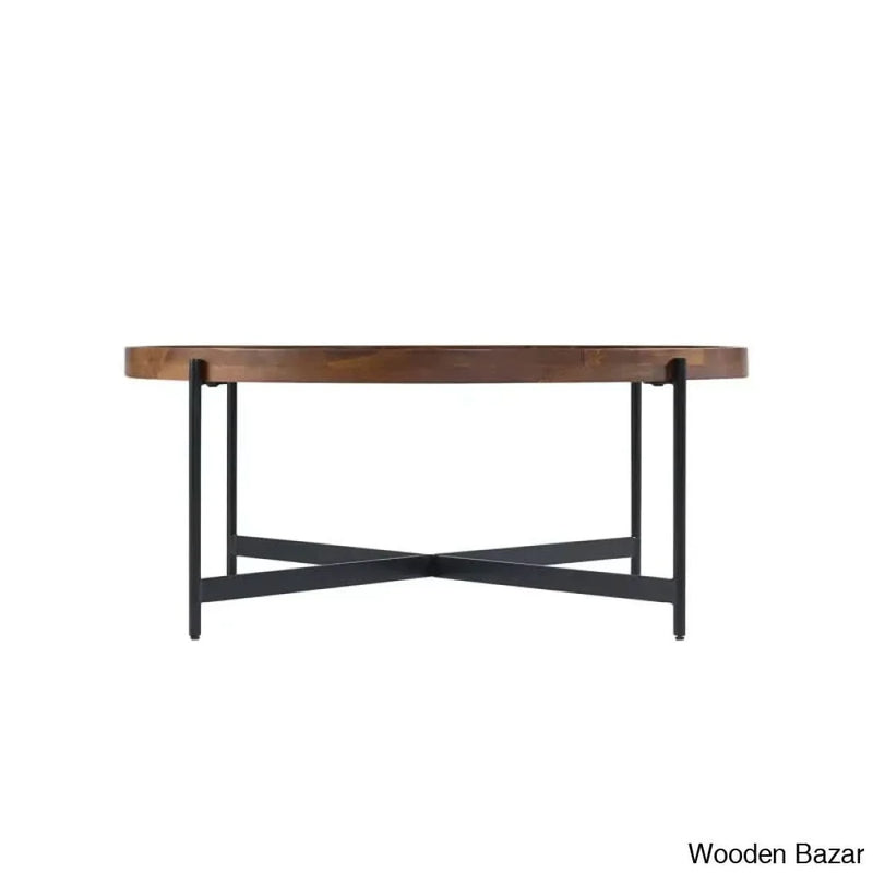 Kimura 42" Wide Industrial Farmhouse Solid Wood Metal Round Coffee Table With Tray Top