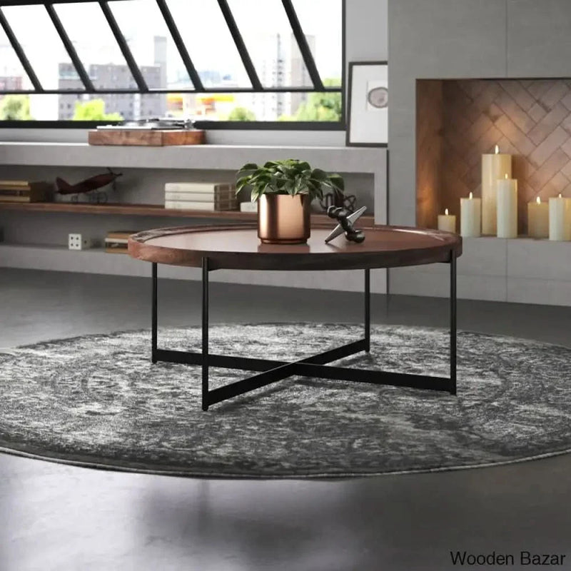 Kimura 42" Wide Industrial Farmhouse Solid Wood Metal Round Coffee Table With Tray Top