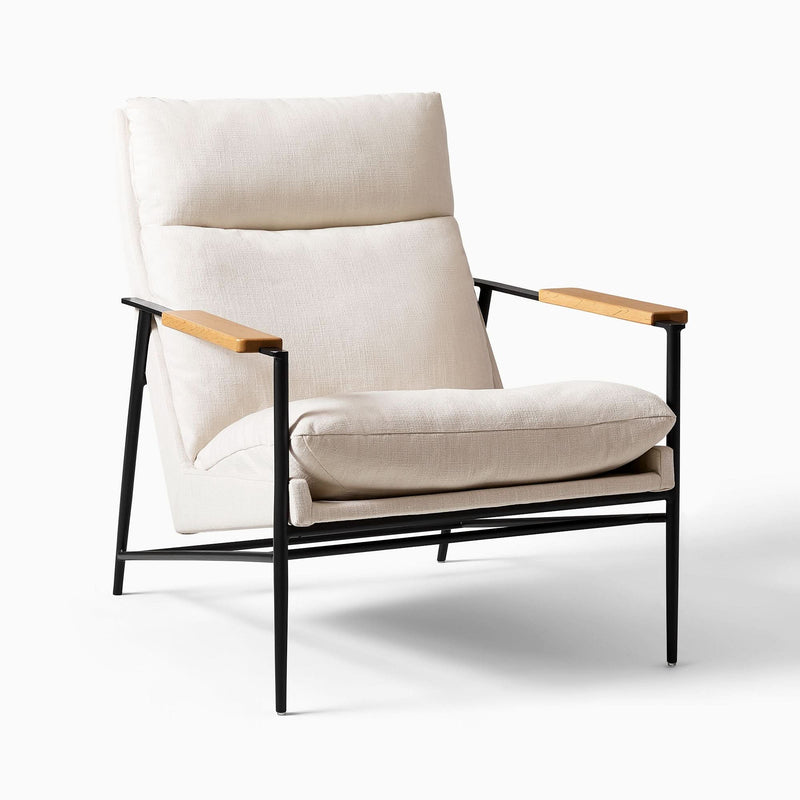Lein Modern Lounge Chair in Cream Upholstery with Black Metal Frame & Wooden Armrests