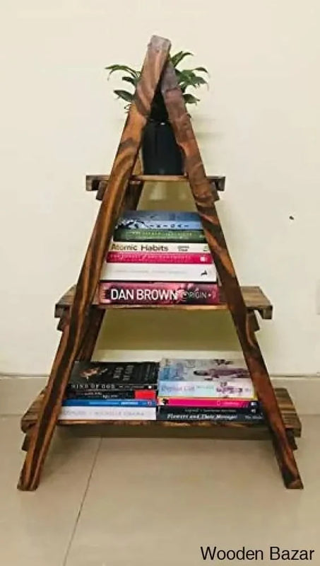Ladder Book Shelf Bookcase Wooden Books Holder Space Classic for Home Decor and Office (3 Shelf)