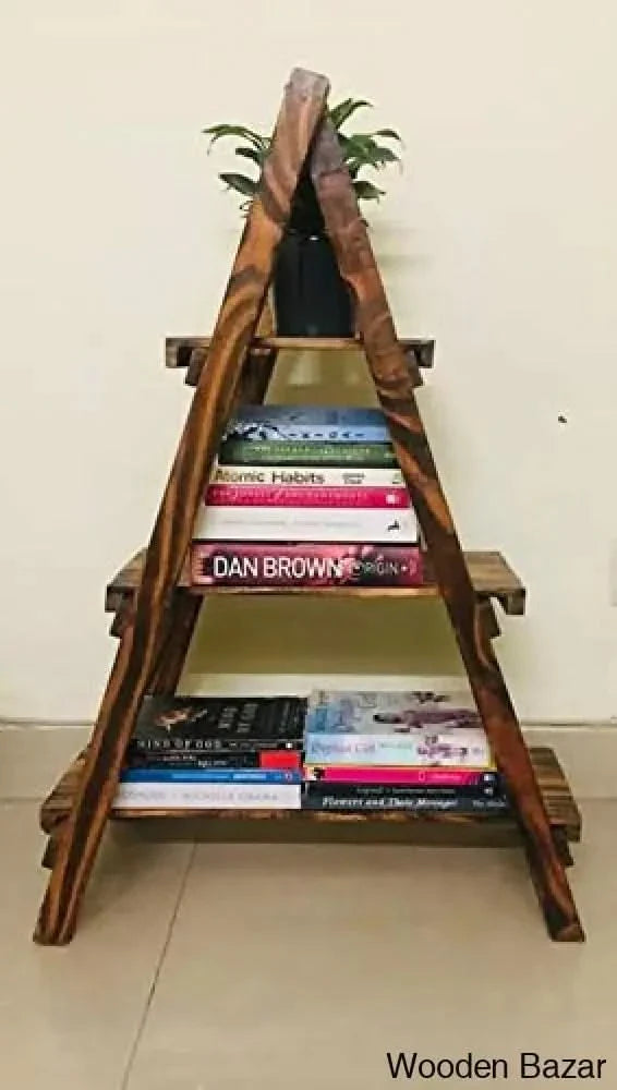 Ladder Book Shelf Bookcase Wooden Books Holder Space Classic for Home Decor and Office (3 Shelf)