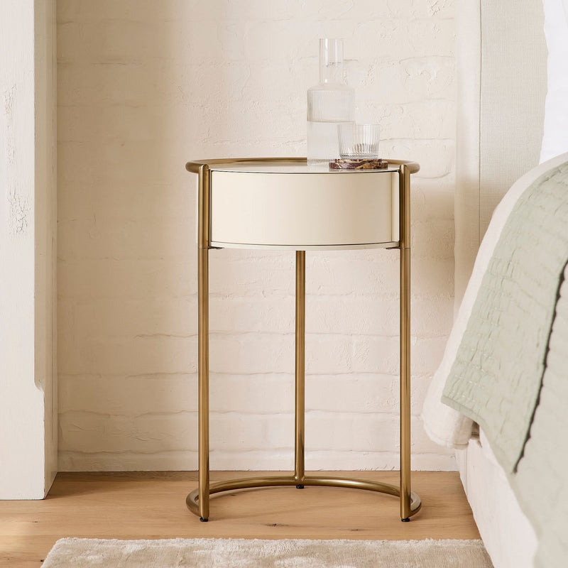Xakoin Elegant Round Metal Nightstand with Gold Finish & Soft Ivory Drawer