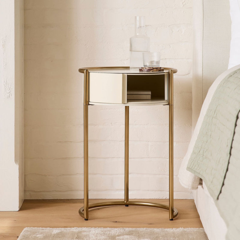 Xakoin Elegant Round Metal Nightstand with Gold Finish & Soft Ivory Drawer