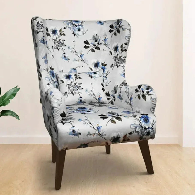 Leon Wing Chair with Grey & Blue Print Upholstery -Craft Decor