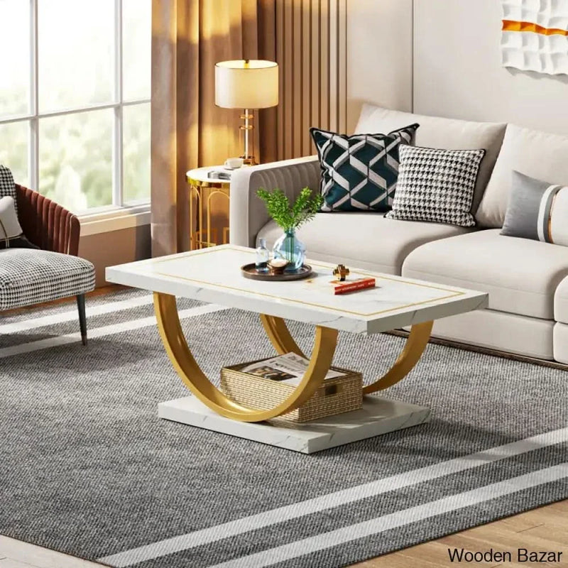 Lokeshc White and Gold Low Coffee and center Table Modern Rectangle Coffee Table