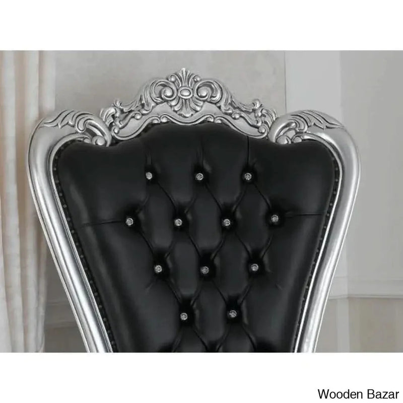 Luxurious High Back throne Silver Leaf & Buttons Chair (Black)