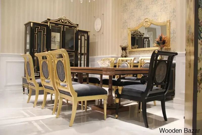 Luxury European classic wood furniture 8 seater dining room table set with Italy fabric chairs