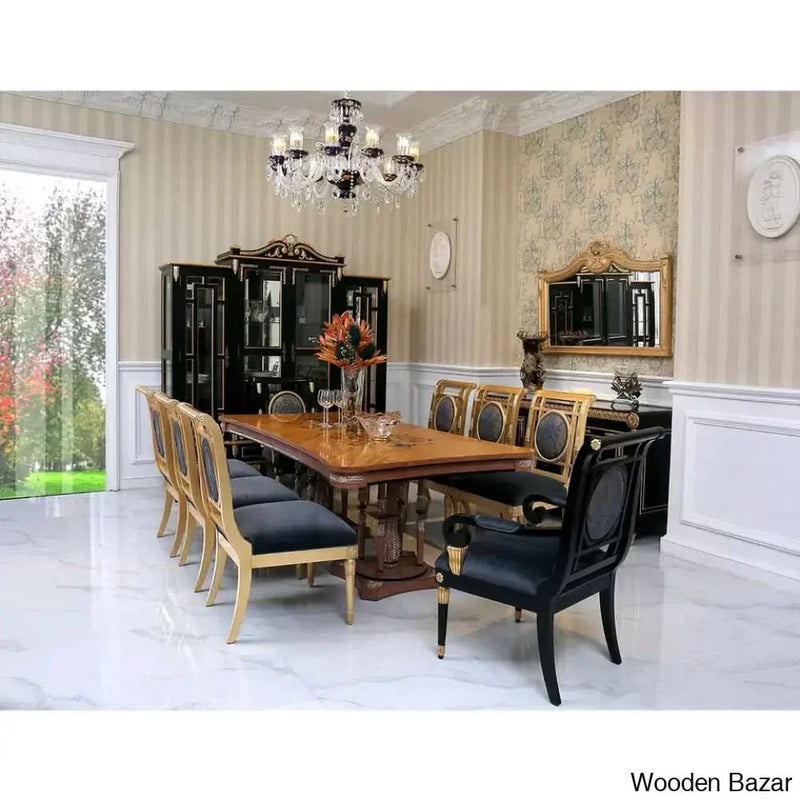Luxury European classic wood furniture 8 seater dining room table set with Italy fabric chairs