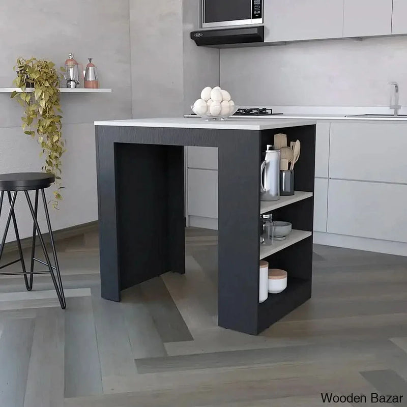 Malahki Kitchen Island Doyle, 3 Shelves, Width x 36.2, black/Ibiza Marble Color Finish Kitchen trolley cart cabinet kitchen island with storage