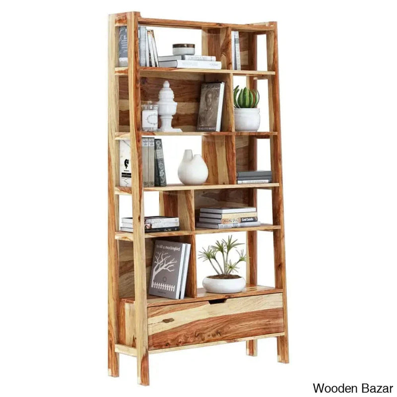 Marwar Solid Sheesham Wood Book Shelves with 10 Shelf & 1 Drawer Storage in Natural Brown Finish