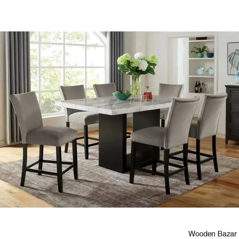 Minda New 6 Seater Marble Top Pedestal Dining Set For Modern Homes