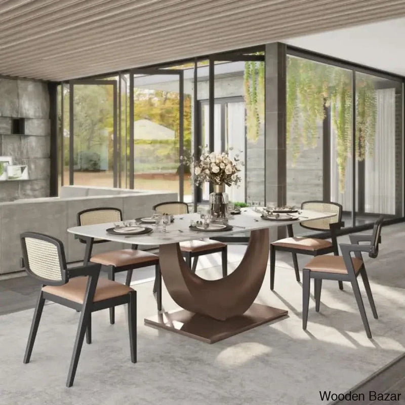Modern Luxe Crescent Moon White Dining Table for 6 with Sintered Stone Top and Carbon Steel Legs