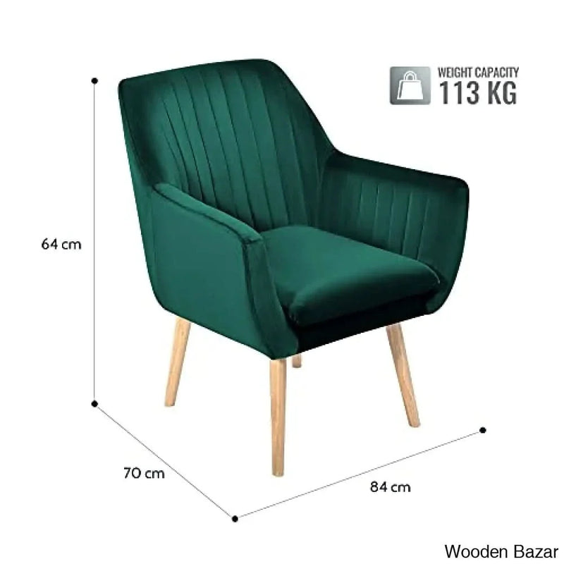 Modern Velvet Upholstered Armchair, Channel Tufted Tub Chair with Armrest and Rubberwood Legs (70 x 84 x 64 cm, Green)