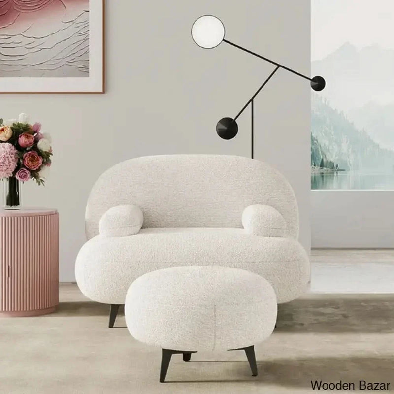 Modern White Cream Boucle Accent Chair with Pouf Ottoman Set Lounge Chair with Footstool - Craft Decor