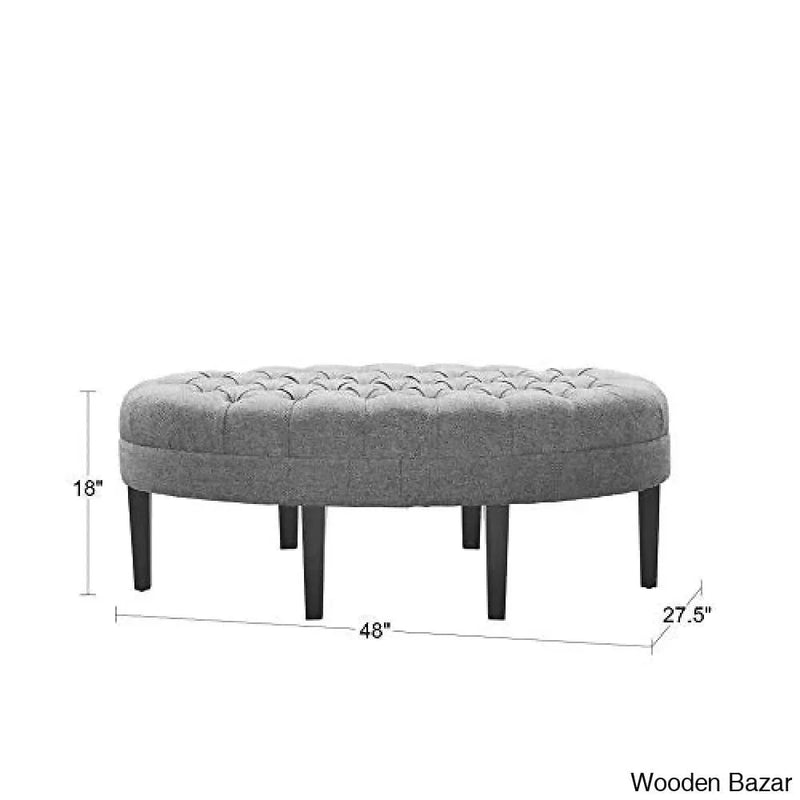Oval Surfboard Tufted Madison Park Martin Cocktail Ottoman with Wooden Legs in Blue Color