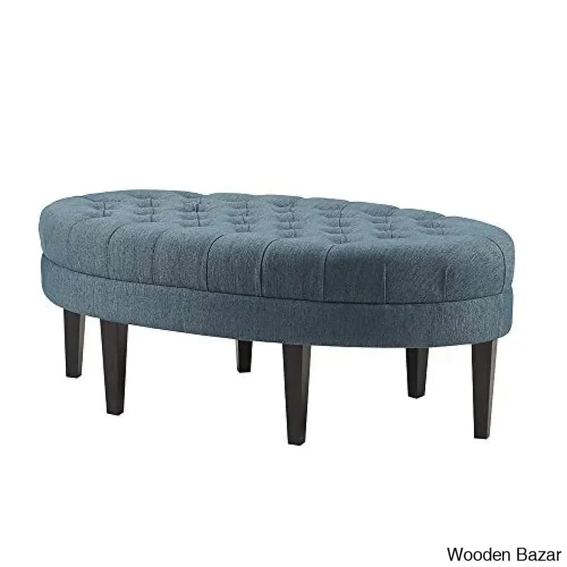 Oval Surfboard Tufted Madison Park Martin Cocktail Ottoman with Wooden Legs in Blue Color