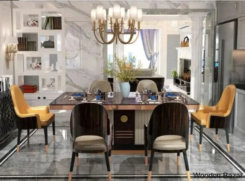 Reggie Luxury Wooden Finish Dining Table Set in Marble Style