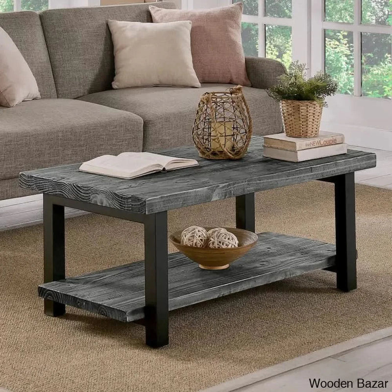 Rundell 42" Rustic Industrial Solid Wood and Metal Rectangular Coffee Table with Storage Shelf Coffee and center table