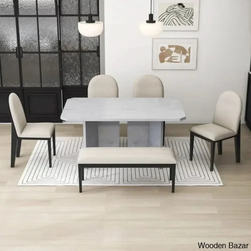 Sant Elegant 6 Seater Dining Set with Faux Marble Table |Upholstered Chairs | Bench