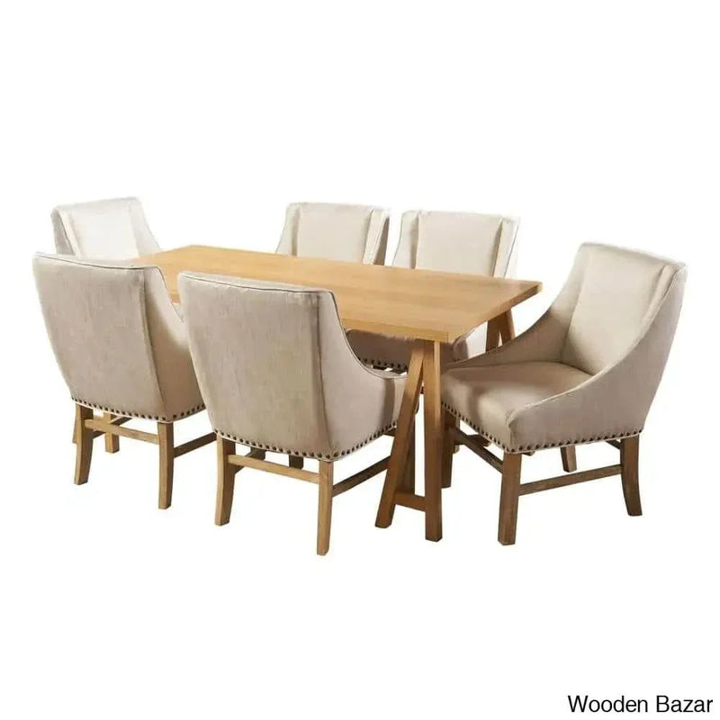 Stylish Linen Upholstered Dining Set with Natural Solid Wood