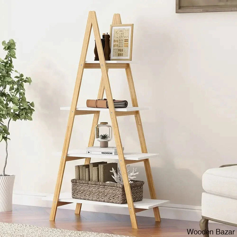 Tier Ladder Bookcase with Solid Bamboo Frame A Shape Multifunctional Display Shelf Ladder Shelf freestanding for Home Office,White/Wood (A-Frame Shelf)