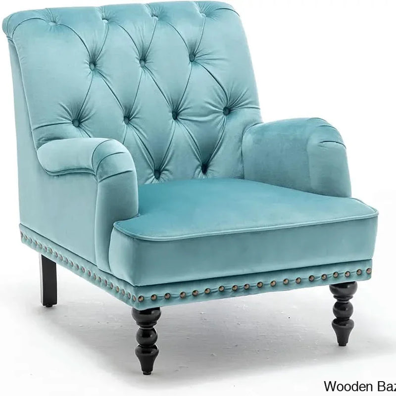 Upholstered Wide Tufted Velvet Accent Armchair in Light Blue