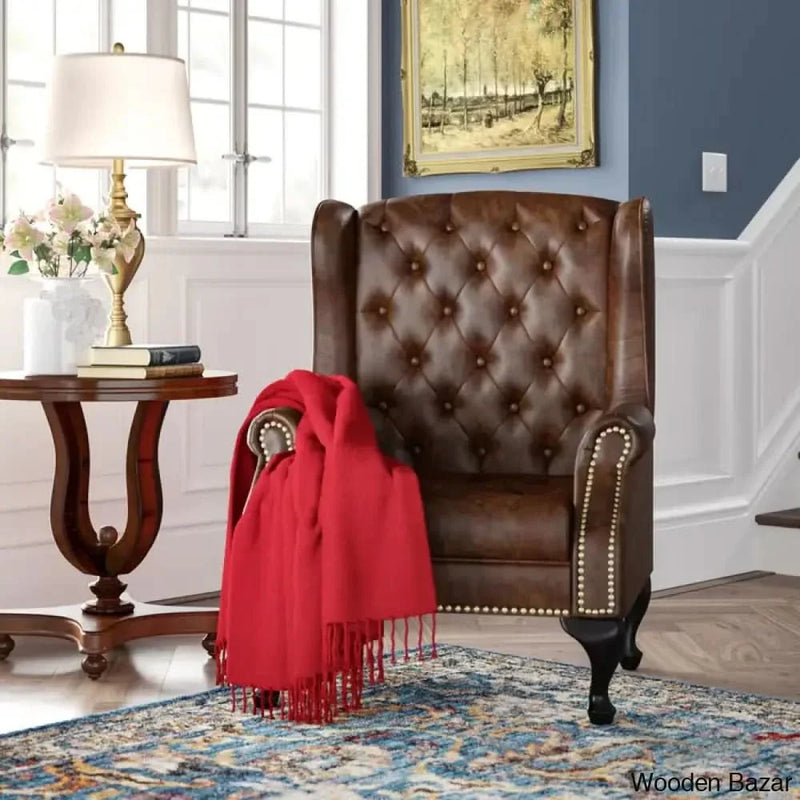 Upholstered Wingback chesterfield crafted Arm Chair -Wooden Bazar